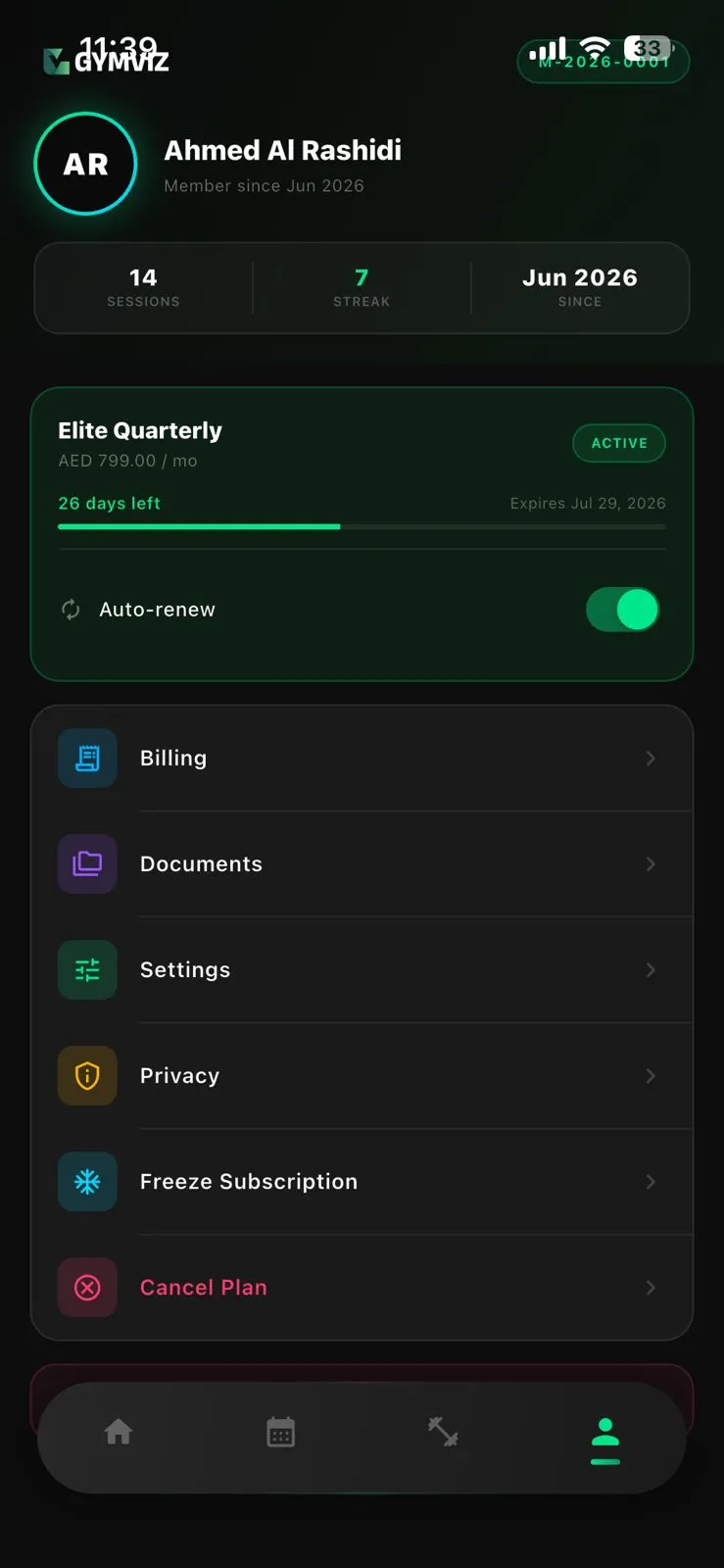 GymViz Member App Profile GymViz Member App — Profile Screen